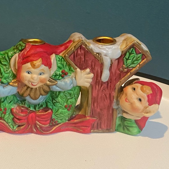 Vintage Robel Hall Ceramic JOY 3 Elves Pixies Candle Holder Christmas - Picture 7 of 7